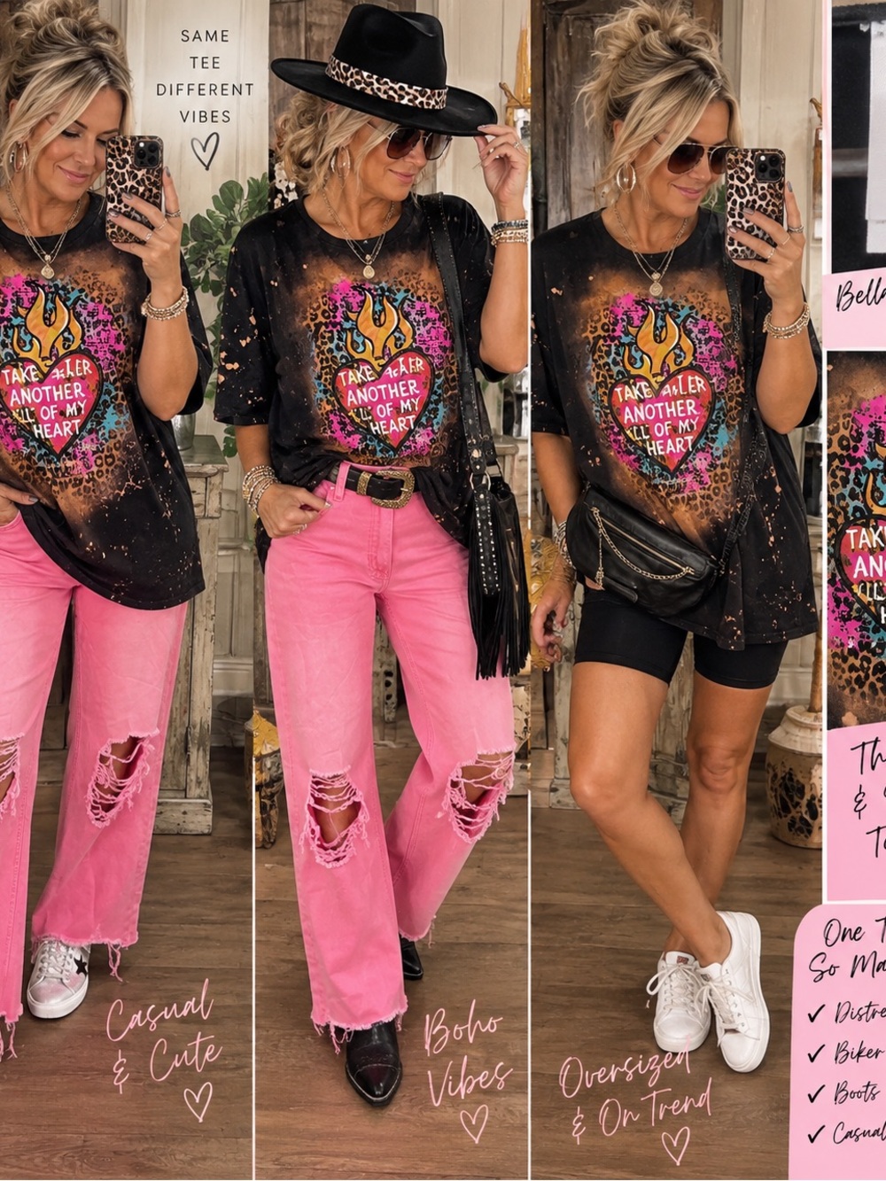 Abella Black Short Sleeve Graphic Tee with Pink Accents